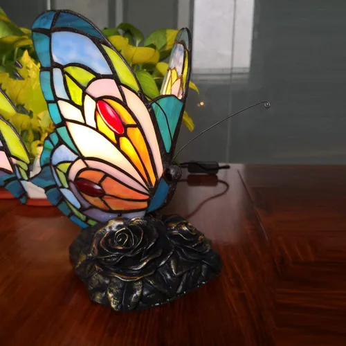 Miniatura 4 de Lámpara de Mesita LED Azul Tiffany Mariposa Nocturna con Interruptor de Encendido/Apagado, Lámpara de Escritorio de Vidrio Manchado, Luz Nocturna