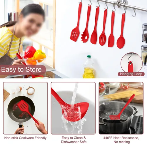 Miniatura 4 de TeamFar Utensilios de cocina, 7 piezas de utensilios de cocina de silicona para hornear, utensilios de cocina antiadherentes con cucharón, espátula