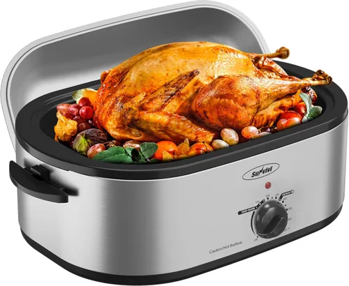 Horno tostador eléctrico de 22 cuartos con bandeja extraíble y tapa de autohilvanado, perfecto para asar pavo con control de temperatura de 150 a