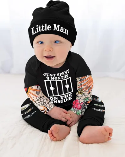 Miniatura 6 de Conjunto de 3 piezas de ropa para bebé y niño, manga de tatuaje, mameluco divertido y pantalones