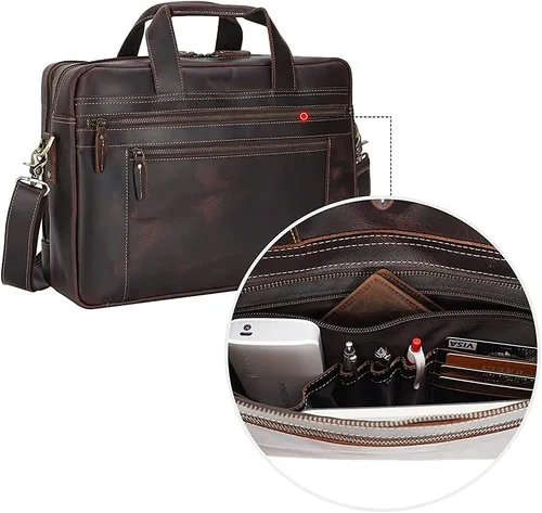 Miniatura 3 de TIDING Maletín de cuero genuino de 17 pulgadas para portátil de mensajero para hombres de negocios de viaje bolsa de hombro