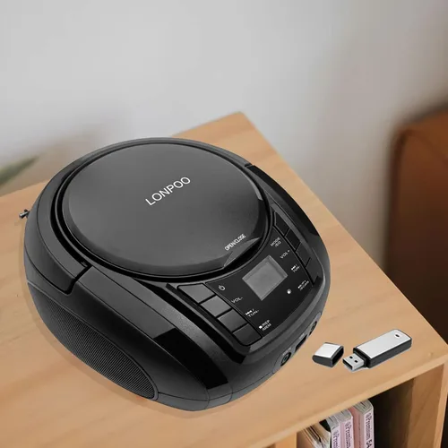 Miniatura 4 de LONPOO Reproductor de CD portátil Boombox con radio FM/USB/Bluetooth/entrada AUX y salida de jack de auriculares, altavoz de sonido estéreo