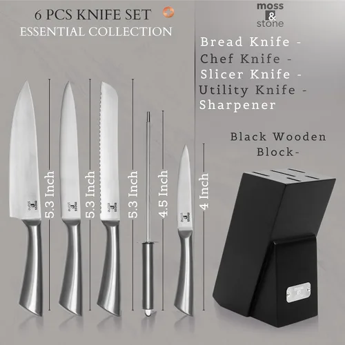 Miniatura 2 de Moss & Stone Juego de cuchillos de cocina profesional, juego de 6 cuchillos pequeños con bloque, juego de cuchillos de cocina de alta calidad, acero
