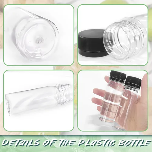 Miniatura 3 de Xuyyicao 30 Piezas Botellas Pequeñas de Plástico de 2 Oz para Líquidos, Botella para Shot de Jengibre con Tapas, Recipientes de Bebidas