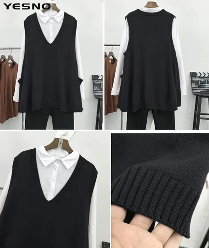 Miniatura 4 de YESNO Sweater Vest Women Loose Swing Cotton Cute Oversized Knit Pullover Sleeveless Sweater Tops with Drop Pockets WM9
