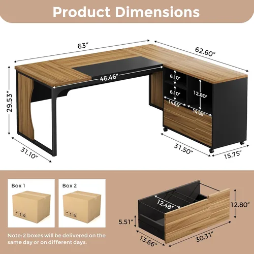 Miniatura 2 de Escritorio ejecutivo para computadora en forma de L con archivador móvil y luz LED, mesa de oficina grande de 63 pulgadas, muebles de negocios