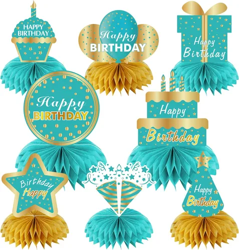 Decoraciones de cumpleaños color verde azulado y dorado con forma de panal para mujeres y niñas, 8 piezas de desayuno azul dorado para mesa de feliz