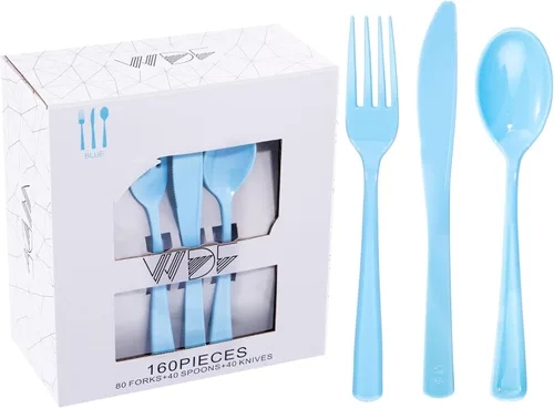 Miniatura 19 de WDF 160 piezas de cubiertos de plástico dorado - Cubiertos de oro resistentes Incluye 80 tenedores, 40 cucharas, 40 cuchillos, utensilios
