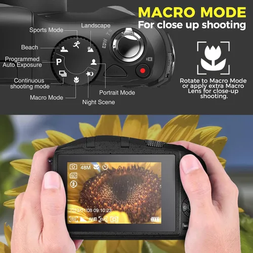 Miniatura 4 de Cámara digital con lente macro y gran angular 48MP 4K Autofocus Vlogging Cámara para fotografía Pantalla de 3.0 pulgadas Cámara compacta