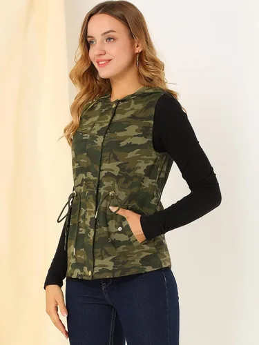 Miniatura 4 de Allegra K Chaleco de camuflaje con capucha y cordón en la cintura para mujer