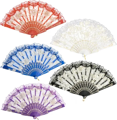 Miniatura 17 de EOSAU Abanicos plegables chinos de mano de encaje para mujer, plegables a granel para fiestas, bodas, iglesias, bailes (10 colores mezclados 01)