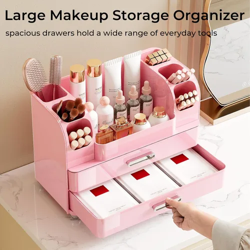 Miniatura 3 de UFORU Organizador de maquillaje para tocador con 2 cajones grandes, vitrina de cosméticos con soportes para cepillos, fácil de almacenar