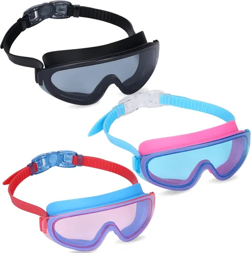 Theuzi Paquete de 3 gafas de natación para niños, gafas de natación con lente de visión amplia de una pieza de 3 a 15 años