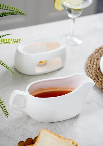 Miniatura 6 de Nucookery Salsa grande de 18 onzas con calentador, salsas de porcelana fina blanca con boquilla grande antigoteo, cuenco de salsa para Acción
