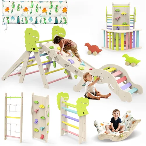 Conjunto de Triángulo Pikler con Cojín, 12 en 1 Juguetes Montessori para Niños Pequeños Gimnasio de Escalada Interior para Bebés Conjunto de