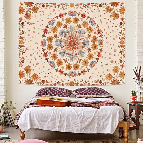 Miniatura 4 de Fowocu Tapiz bohemio con mandala floral para colgar en la pared, medallón de flores bohemias, tapiz estético, beige, naranja, hippie, indio, pequeño