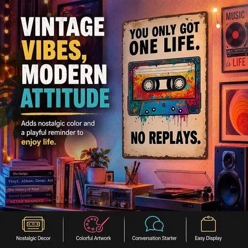 Miniatura 6 de Funnysign Gran regalo para fanáticos de la música, You Only Got One Life No Replays - Cartel de lata de música vintage para dormitorio, estudio, 8 x