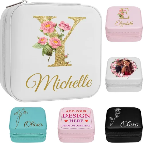 Miniatura 19 de Joyero personalizado para regalos de dama de honor, flor de nacimiento, inicial, joyería de viaje personalizada para mujeres, organizador de joyas