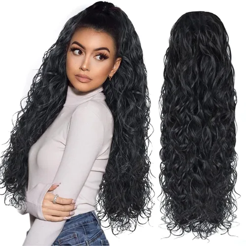Miniatura 14 de Extensiones de cabello ombré 1B/27, cola de caballo para mujeres negras, extensiones de cola de caballo largas onduladas con cordón, extensiones