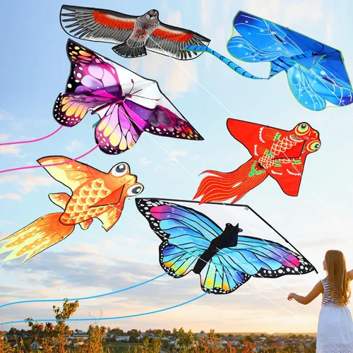 Leitee Paquete de 6 cometas grandes para niños y adultos, cometa de mariposa para niños de 4 a 8 a 12 años, libélula, búho, loro, águila, pez