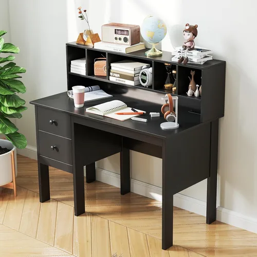 Miniatura 2 de COSTWAY Escritorio con puertos de carga USB y tomas de corriente, escritorio de computadora de 48 pulgadas con cajones y gabinete de 5