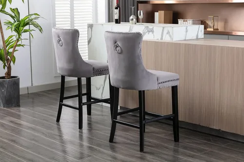Miniatura 3 de Juego de 2 taburetes de bar de altura de mostrador, sillas de comedor tapizadas de terciopelo con ribete de cabeza de clavo, patas de madera, Gris