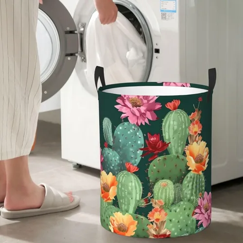 Miniatura 7 de Cesto circular con estampado floral de cactus, impermeable, cesta organizadora de lavandería, con asas, para ropa, juguetes, pequeña