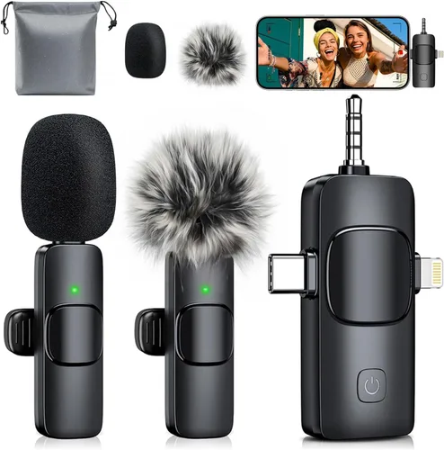 Miniatura 13 de MENERESAS Mini micrófono 3 en 1 para iPhone: Micrófonos Lavalier inalámbricos para iOS/Android/Cámara - Micrófono de solapa con reducción de ruido