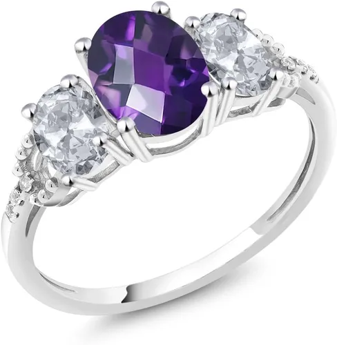 Miniatura 36 de Anillo de compromiso ovalado de oro blanco de 10 quilates con piedra natal y topacio blanco de 3 piedras con detalles de diamante Centro de 0.315
