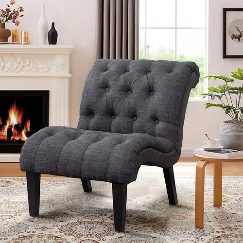 Miniatura 13 de Silla decorativa de piel sintética negra moderna con botones capitoné tapizada sin brazos para dormitorio, sala de estar con patas de madera