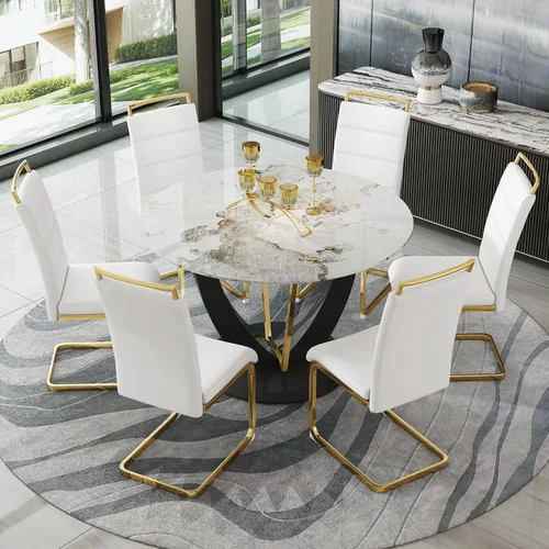 Miniatura 66 de JUFU Juego de mesa de comedor redonda para 4, mesa de comedor de 48 pulgadas con mesa de mármol sintético y 4 sillas tapizadas, moderno juego