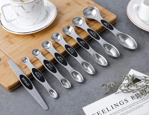 Miniatura 7 de Juego de 8 cucharas medidoras magnéticas apilables de acero inoxidable de doble cara y cucharadas para medir ingredientes secos y líquidos Negro-8