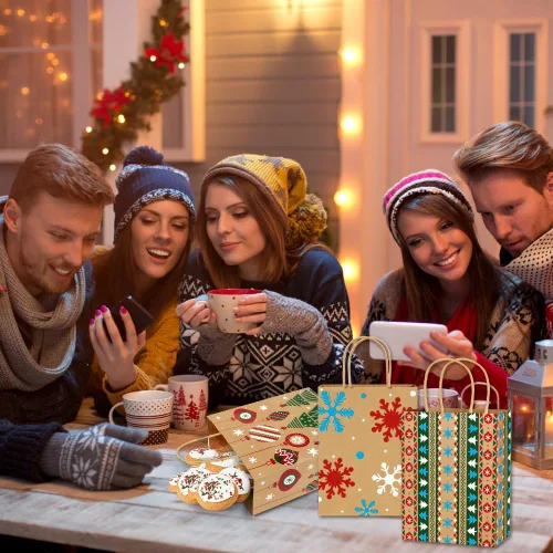 Miniatura 8 de Vellibring 24 piezas de bolsas de regalo de Navidad Kraft, bolsas de papel de Navidad con asa, bolsas de papel de Navidad con estampados navideños