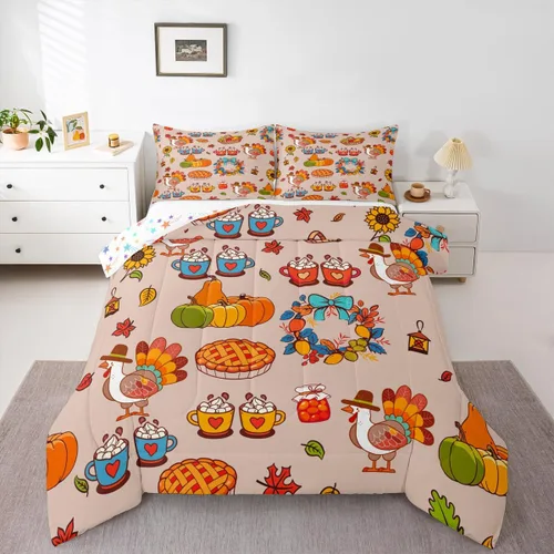 Miniatura 10 de Juego de ropa de cama de calabaza otoñal para niños, cosecha de otoño, juego de edredón de decoración de Acción de Gracias para niños y niñas, Multi