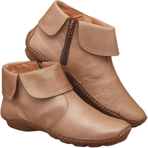 Miniatura 3 de Ladmiple Botas de tobillo para mujer, sin tacón, casual, con cremallera lateral, botas cortas vaqueras occidentales, zapatos para caminar V-Caqui