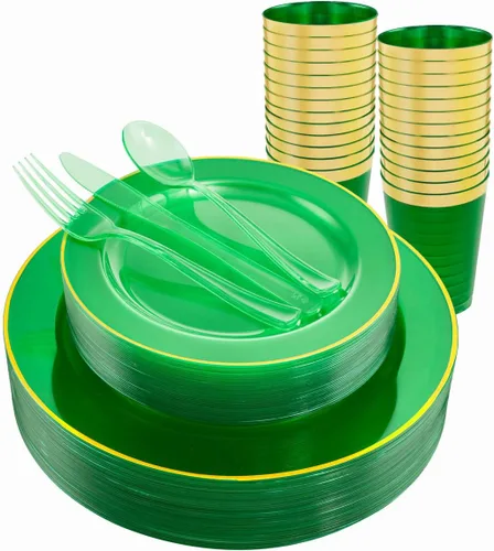 Miniatura 10 de COLOSUS El juego de 175 platos desechables de plástico dorado y cubiertos incluye platos llanos de plástico/plato de postre/cubiertos