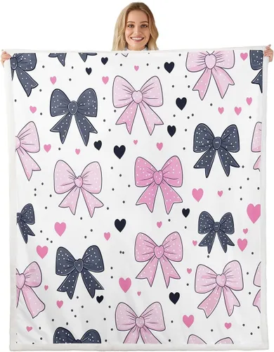 Miniatura 30 de Manta de franela de forro polar con lazos rosados femeninos de 40 x 50 pulgadas, manta mullida de corazones para el día de San Valentín para sofá