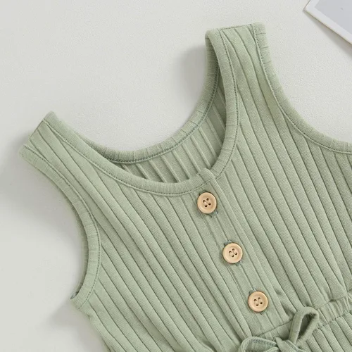 Miniatura 5 de TheFound Mameluco de verano para niña pequeña, ropa acanalada, overol con botones, 0-5T