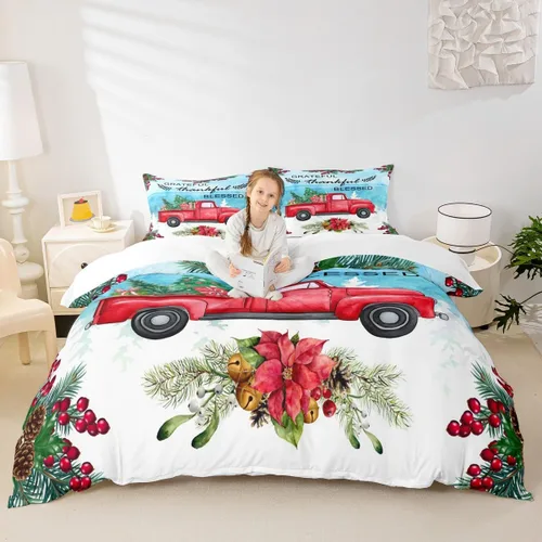 Juego de funda de edredón para niños con diseño de Navidad, tamaño individual, camiones rojos y árboles de pino con copos de nieve, decoración de