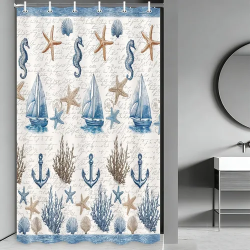 JAWO Cortina de ducha náutica, cortina de baño vintage con diseño de caballito de mar con diseño de caballito de mar, diseño de puerto costero,