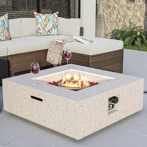 COSIEST mesa de café con fogata a propano para exteriores, base cuadrada de piedra artificial de 35 pulgadas, quemador de acero inoxidable de 50,000