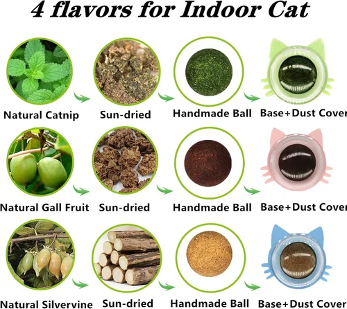 Miniatura 6 de 4 juguetes de hierba gatera para gatos, juguetes para gatos, 4 sabores, bola de vid plateada en la pared, golosinas masticables para limpiar