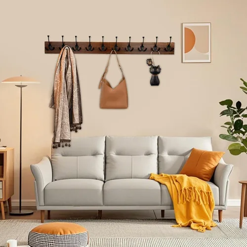 Miniatura 4 de IBosins Perchero de pared de 34'' con 10 ganchos tri-decorativos, colgador de abrigos de madera resistente, barra de ganchos rústicos para entrada