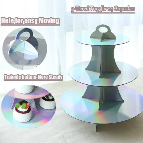 Miniatura 4 de MRPAPA Paquete de 2 soportes de cartón para cupcakes, bandeja de postre de 3 niveles, soporte de papel desechable, mini soporte para tartas