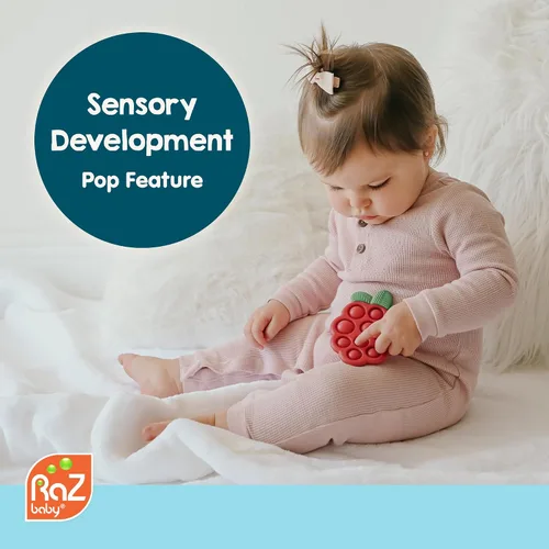 Miniatura 3 de RaZbaby RaZberry Pop - Mordedor de fresa, silicona multitexturizada para desarrollo sensorial y alivio de la dentición, fácil de sostener para manos