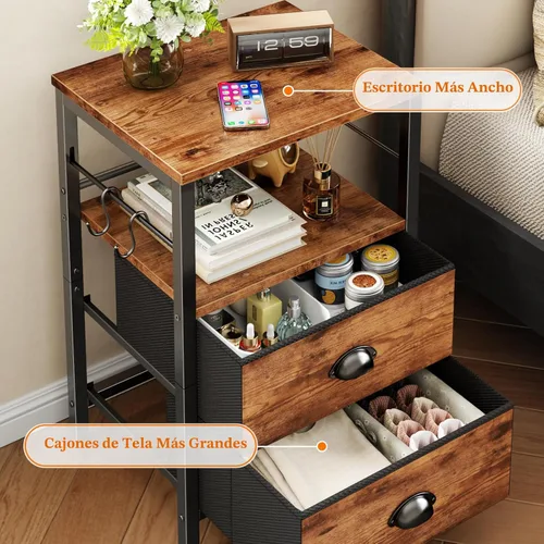 Miniatura 4 de Furologee Juego de 2 Mesitas de Noche, Mesita de Noche con 2 Cajones de Tela, Mesa de Cabecera con Estante Abierto, Superficie de Madera, Ganchos