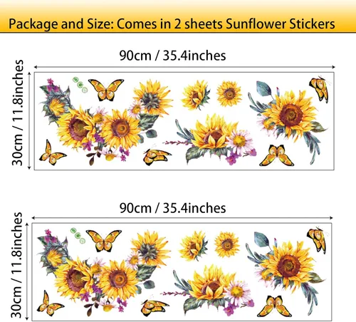 Miniatura 5 de Calcomanías de pared de girasol de acuarela, creativas calcomanías de pared de flores amarillas 3D, calcomanías de mariposa de sol para despegar