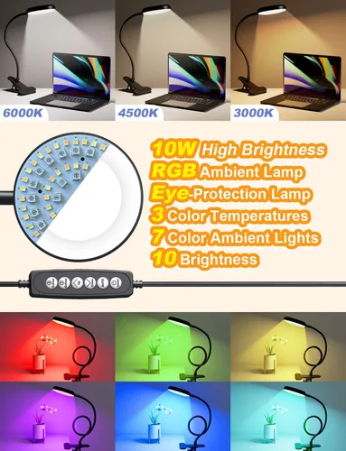 Miniatura 2 de Lámpara de escritorio con abrazadera-10W, 2 en 1 con ambiente RGB y luz blanca cálida, luz de lectura de libros cambiable/cuello de cisne flexible