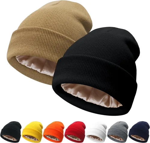 NPQQUAN 2 PCS Satin Lined Beanie for Women Silk Lined Beanies Winter Warm Soft Lining Cuffed Knit Beanie Hats for Women