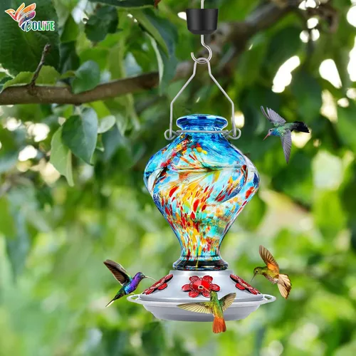 Miniatura 6 de BOLITE - Alimentador de colibríes, de vidrio soplado a mano, diseño torcido, para exteriores, con trampa para hormigas y cinco puertos de Azul
